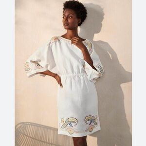 Boden Briana Embroidered Linen Dress White with Colorful Embroidery Size 4 NWTS